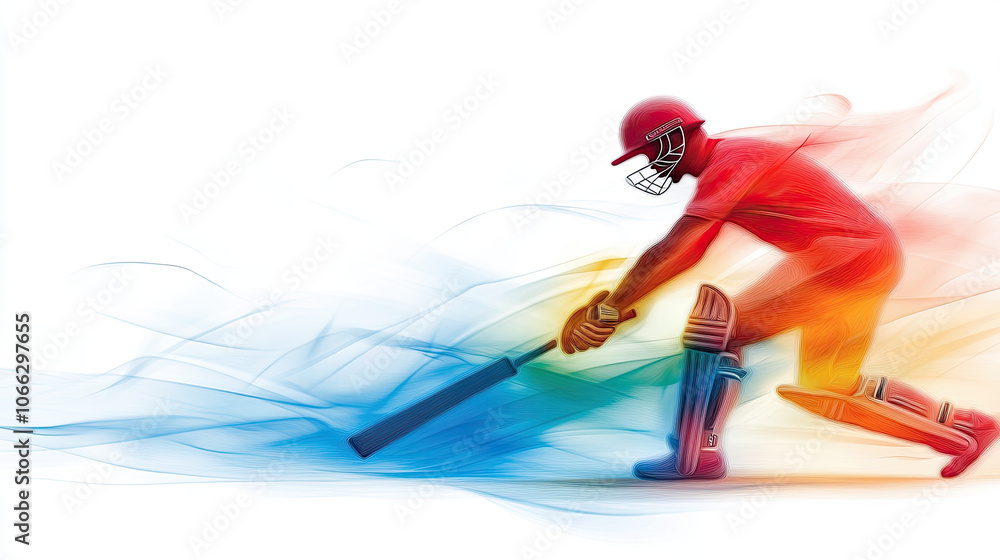 Obraz premium Energetic cricketer in action, showcasing dynamic movement and vibrant colors. graphic art captures essence of cricket with fluid lines and colorful background