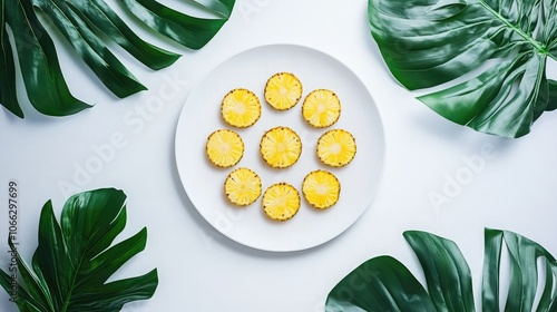 Fresh Pineapple Slices Surrounded by Green Leaves