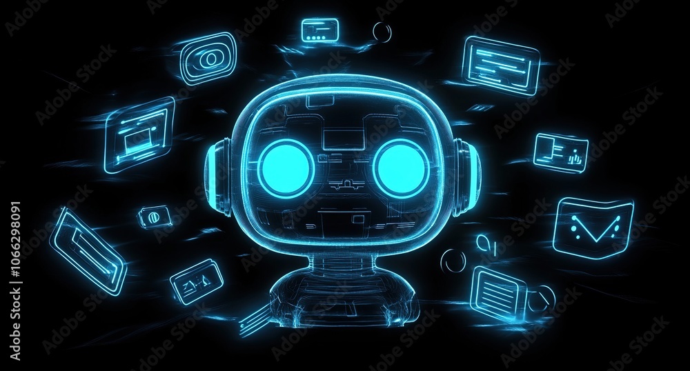 A glowing blue robot surrounded by various digital icons representing technology and automation. A glowing blue robot surrounded by various digital icons representing technology and automation.