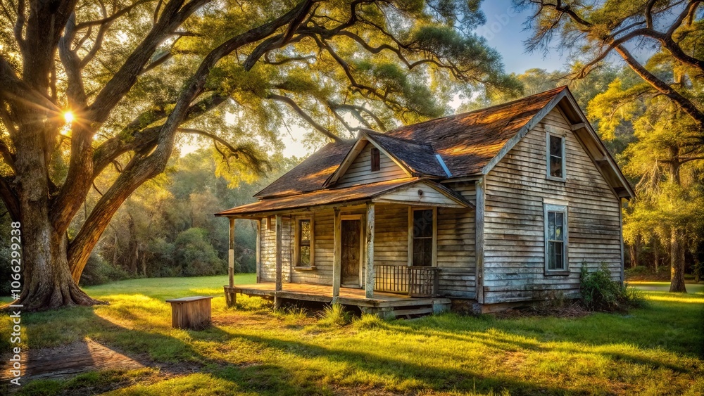 Golden Light Illuminates a Weathered Wooden House with a Sun-Kissed Porch and a Majestic Tree Casting Long Shadows on the Grass Golden Light Illuminates a Weathered Wooden House with a Sun-Kissed Porch and a Majestic Tree Casting Long Shadows on the Grass