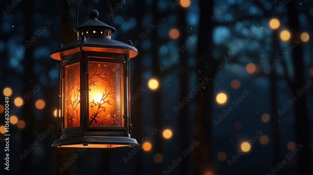 a lantern hanging from a tree branch in a dark, moonless forest. The warm glow of the candle inside the lantern illuminates the surrounding trees, casting long, dancing shadows on the forest floor. a lantern hanging from a tree branch in a dark, moonless forest. The warm glow of the candle inside the lantern illuminates the surrounding trees, casting long, dancing shadows on the forest floor.