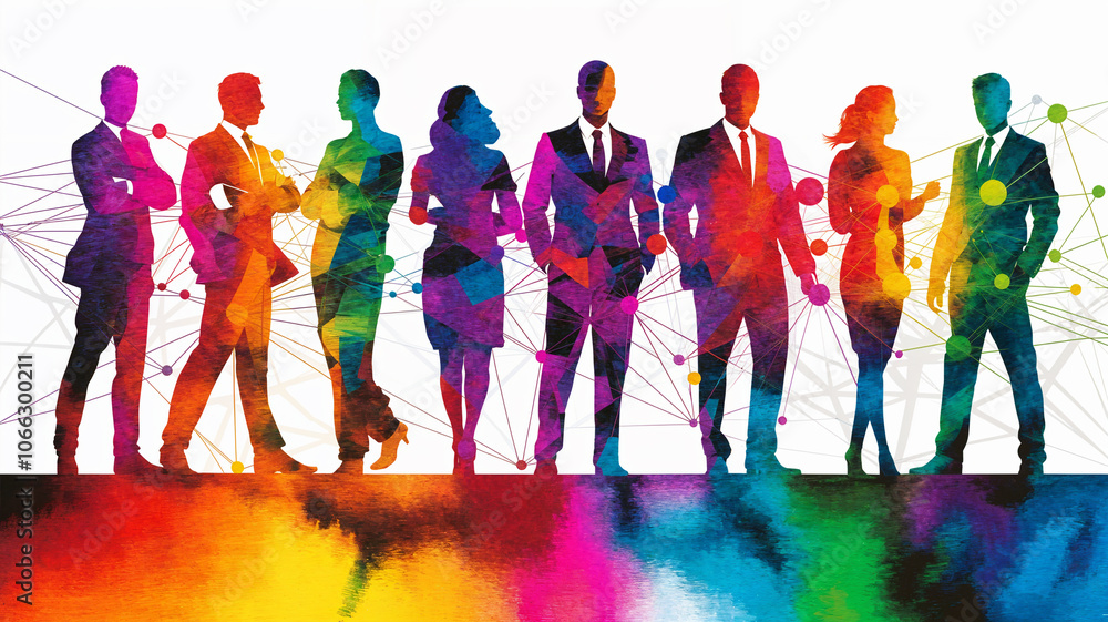 Obraz premium Colorful silhouettes, professional team diversity, network connection, collaborative energy, vibrant business synergy.