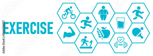 Exercise concept banner web website icons vector illustration with icons of fitness, sports, running, eating, diet, body weight, drinking water, organic, physical exercise, on white background