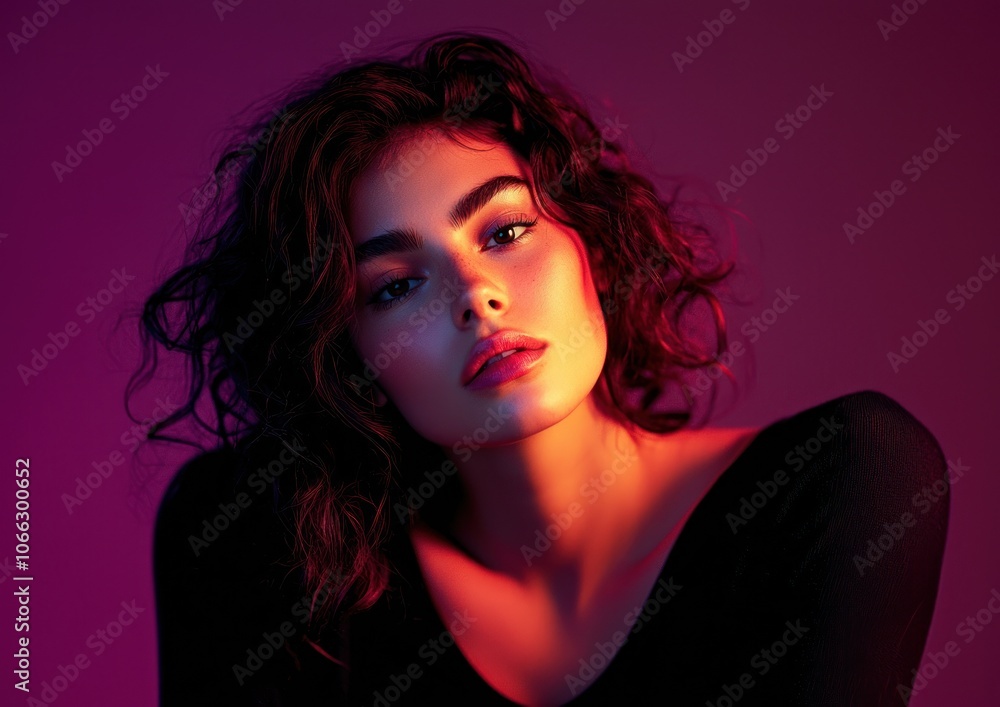 Beautiful curly-haired woman posing in a studio against a dark purple background. This portrait uses professional gradients, soft shadows, and minimal contrast. Beautiful curly-haired woman posing in a studio against a dark purple background. This portrait uses professional gradients, soft shadows, and minimal contrast.