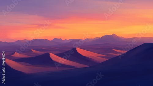 Warm desert sunset colors in the evening sky, sand dunes illuminated by a fading glow.