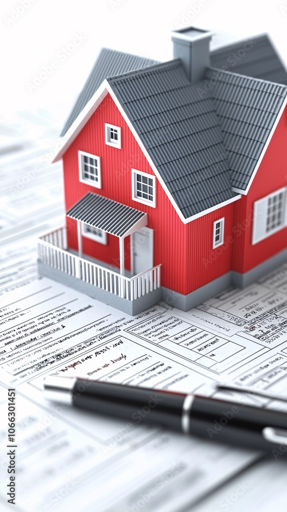Close-up of mortgage repayment plan documents, a pen, and a model house, symbolizing the calculation of property loan amortization. The background provides space for text or branding. Close-up of mortgage repayment plan documents, a pen, and a model house, symbolizing the calculation of property loan amortization. The background provides space for text or branding.