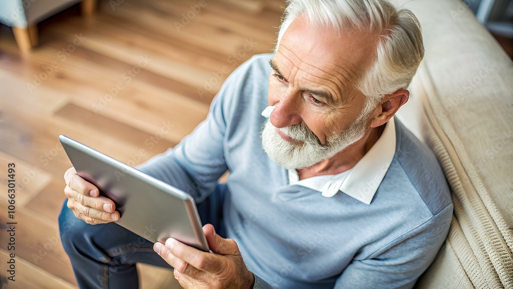 Senior Man Using a Tablet in Cozy Living Room Senior Man Using a Tablet in Cozy Living Room
