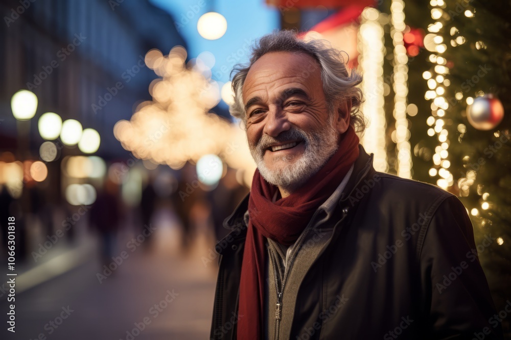Portrait of a senior man on the street at Christmas time. Portrait of a senior man on the street at Christmas time.