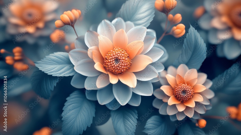 Close-up of Delicate Blue and Orange Flowers with Green Leaves Close-up of Delicate Blue and Orange Flowers with Green Leaves