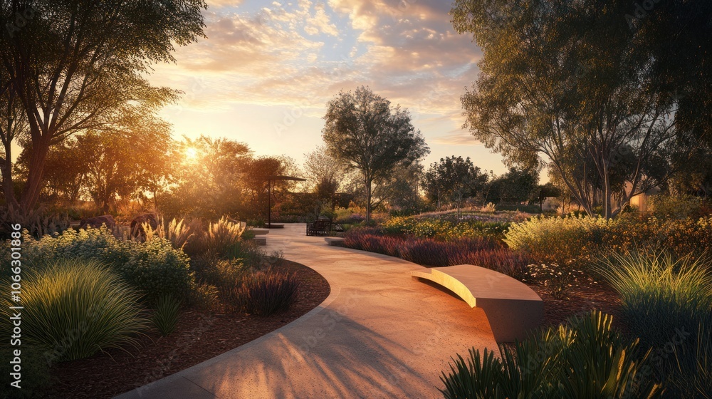 Fototapeta premium Wheelchair-accessible park view during sunset, capturing a serene setting with warm colors and smooth pathways.
