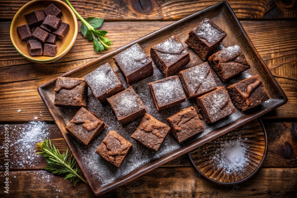 Fototapeta premium Irresistible Fudgy Brownies with a Dusting of Powdered Sugar Captured from Above â€“ Perfect for Dessert Lovers, Baking Inspiration, and Chocolate Indulgence