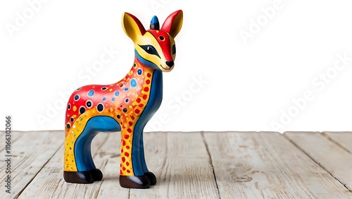 Colorful ceramic deer figurine on a wooden surface. photo