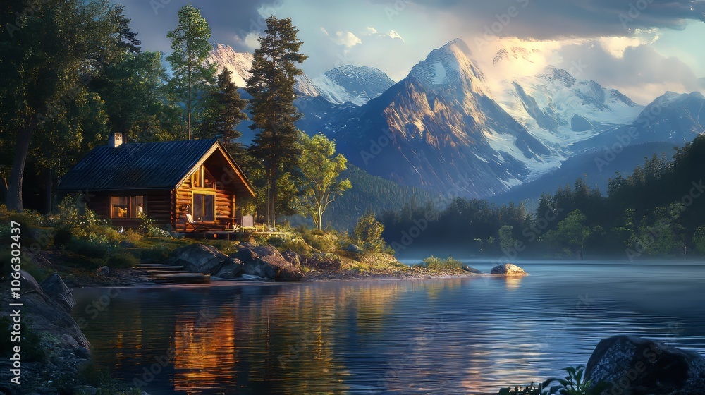 Fototapeta premium A peaceful mountain cabin scene, hypermaximalist, advertising photography, hyper realistic, fine detail,