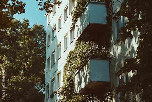 Facade of a modern apartment building covered with green ivy. photo