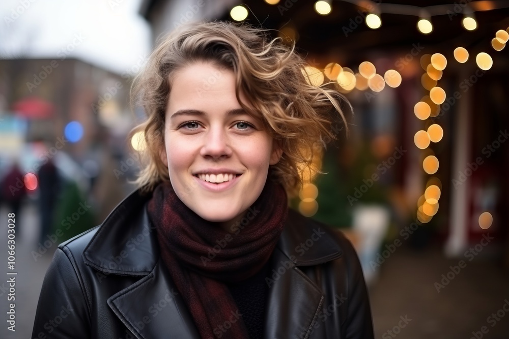 Portrait of a beautiful young woman on the street at Christmas time Portrait of a beautiful young woman on the street at Christmas time