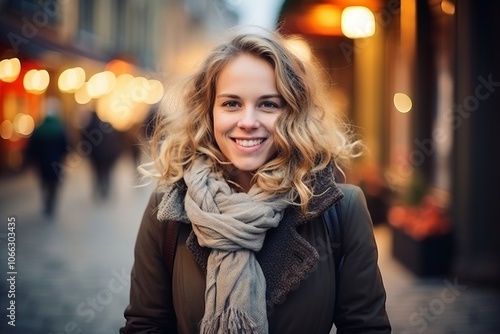 Portrait of a beautiful young woman walking on the street in the evening