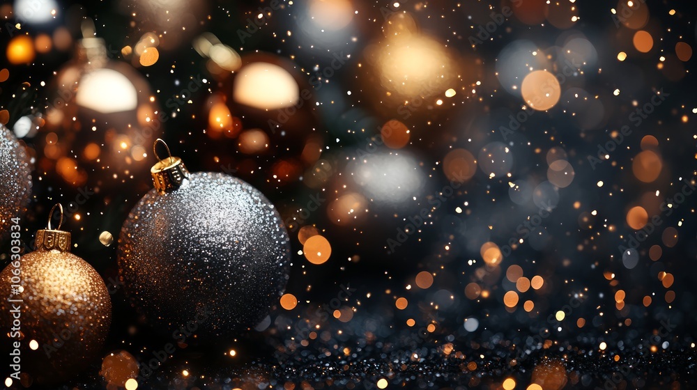 Close-up of silver and gold Christmas ornaments with bokeh lights and snowfall. Close-up of silver and gold Christmas ornaments with bokeh lights and snowfall.