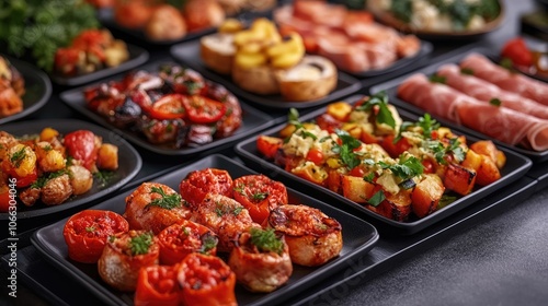 Close-up image of a buffet table with a variety of appetizers. This image can be used for a website or blog post about food, catering, or entertaining.