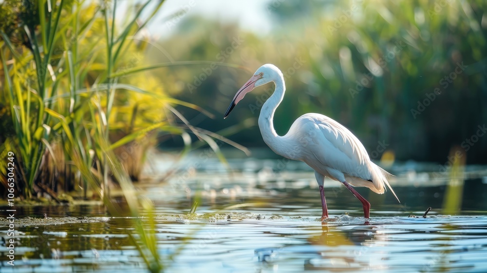 Naklejka premium A Graceful Egret Stands in a Verdant Wetland, Surrounded by Lush Greenery and Reflective Waters