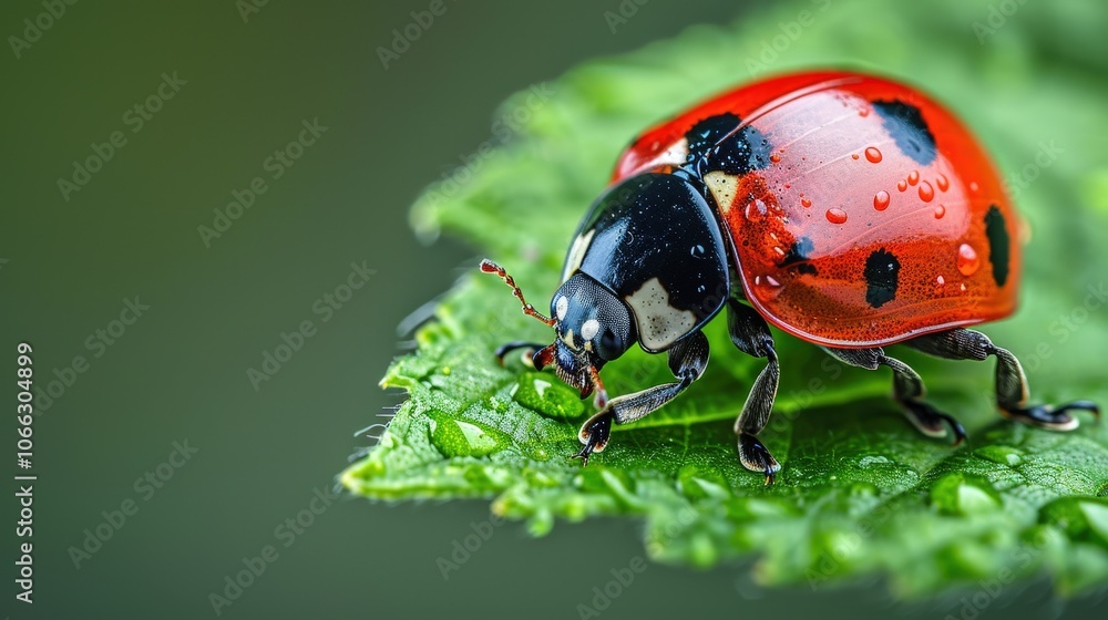 Fototapeta premium A Stunning Close-Up of a Vibrant Ladybug Exploring a Dewy Green Leaf in Nature's Embrace