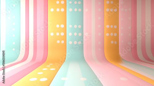 A colorful room with a variety of 3d white spheres and colorful cubes