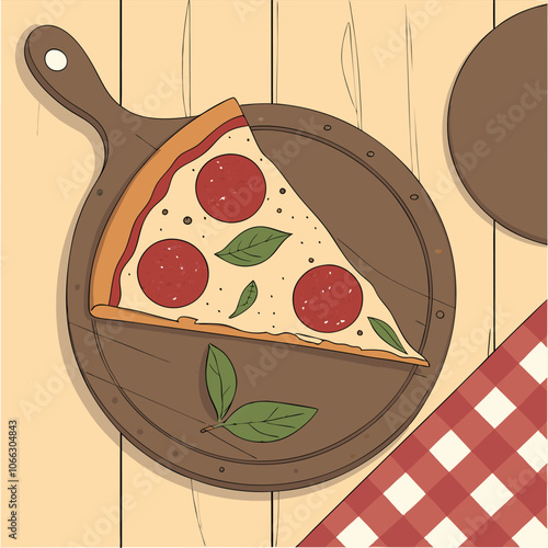 Classic Pepperoni Pizza Slice on a Rustic Wooden Plate with Basil Garnish