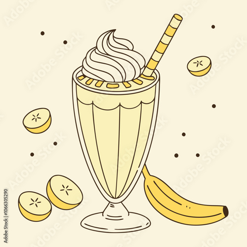  Creamy Banana Milkshake in a Vintage Glass with Whipped Cream and Banana Slices