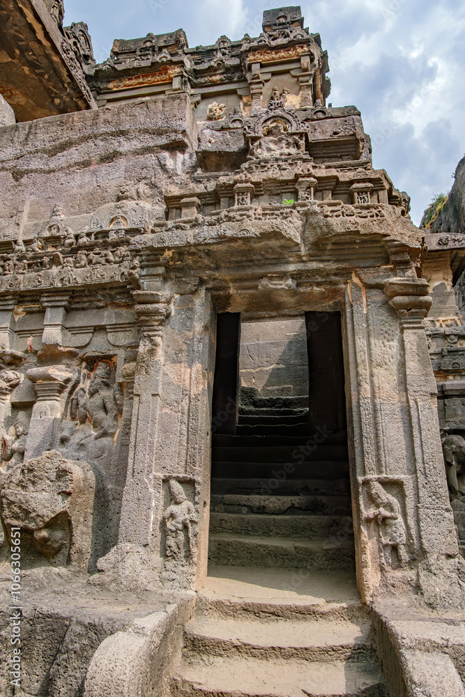 Naklejka premium The Kailasa Temple at Ellora India. It is cave no 16 of the famous Ellora cave complex and was built in the 8th century by a Rashtrakuta King Krishna.