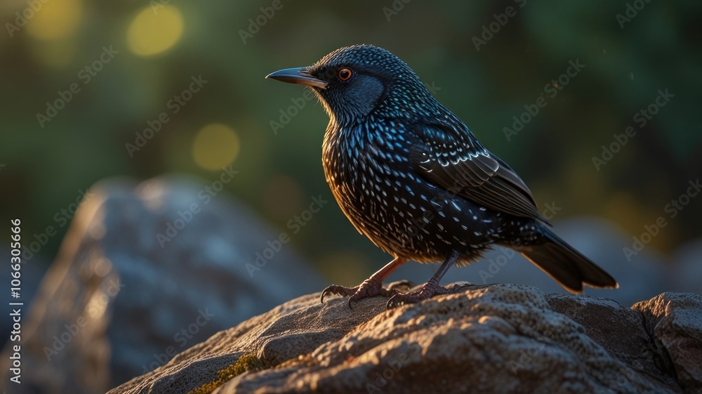 Naklejka premium a vibrant common starling perched on a rock. The bird's iridescent plumage shimmers in the sunlight, displaying a beautiful array of colors, from deep purple to iridescent green.