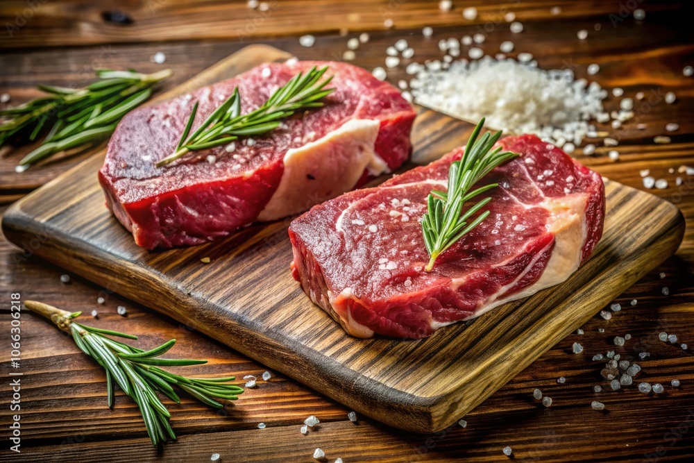 Raw Marbled Steaks on Cutting Board with Coarse Salt and Rosemary in Natural Sunlight - Perfect for Culinary Arts, Meat Preparation, and Food Photography Raw Marbled Steaks on Cutting Board with Coarse Salt and Rosemary in Natural Sunlight - Perfect for Culinary Arts, Meat Preparation, and Food Photography