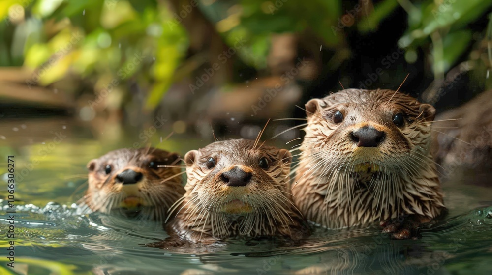 Three Otters Playfully Swimming in a Crystal Clear Water Environment Surrounded by Nature's Beauty Three Otters Playfully Swimming in a Crystal Clear Water Environment Surrounded by Nature's Beauty