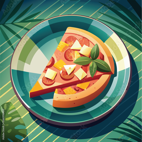 Hawaiian Pizza Slice with Ham and Pineapple on a Colorful Plate