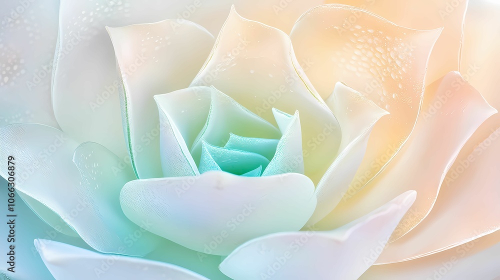 Obraz premium A detailed macro shot of a succulent plant in a rosette pattern, with thick, water-filled leaves showing shades of green, teal, and hints of purple. The surface of each leaf has tiny textures, and the
