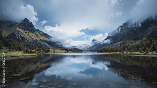 A serene lake reflects snow-capped mountains and pine trees under a cloudy sky, creating a tranquil and picturesque landscape.