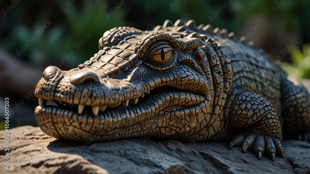 Obraz premium a stone sculpture of a crocodile. The sculpture's intricate details, including the textured skin, sharp teeth, and piercing eyes, create a sense of realism and danger.