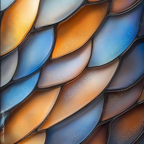 An ultra-close shot of a butterfly’s wing, capturing the intricate details of its pattern, scales, and vibrant colors, such as blues, oranges, and blacks. The wing texture appears almost mosaic-like, 