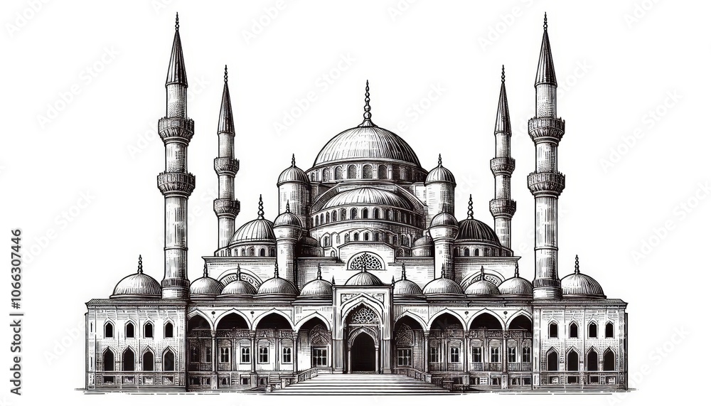 Fototapeta premium Mosque islamic religion building line art sketch engraving illustration. Black and white hand drawn image.