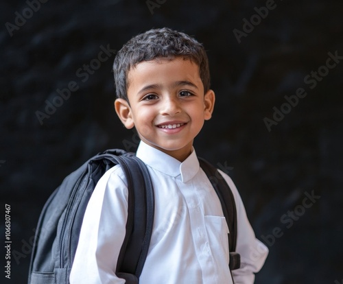Smiling Saudi Arabian Boy Student Carrying Backpack with Confident Expression