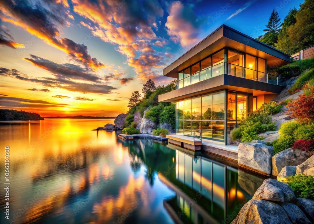 Fototapeta premium Serene Waterfront Retreat at Sunrise with Modern Architectural Design and Cliff Backdrop