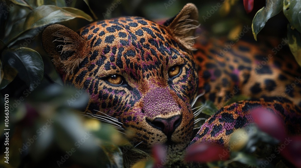 A Close-Up of a Leopard's Face with a  Unique Purple Pattern Among its Spots