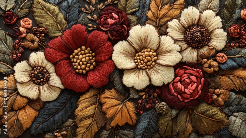 Embroidered Floral Arrangement with Red, White, and Brown Flowers Embroidered Floral Arrangement with Red, White, and Brown Flowers