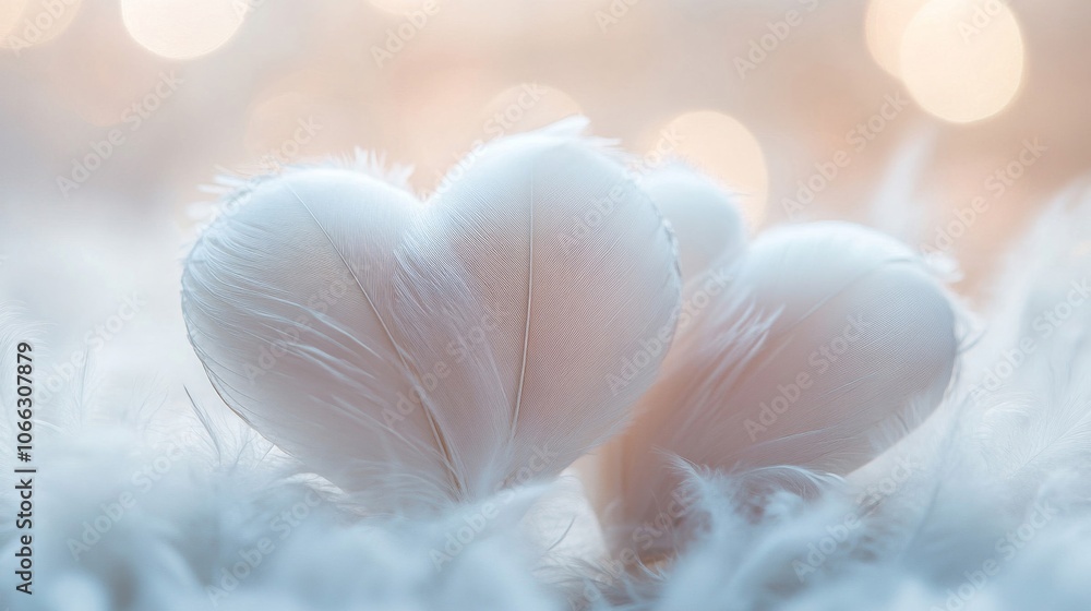 Fototapeta premium Two White Feathers Formed into a Heart Shape