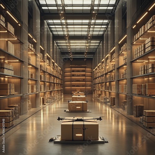 inventory management, logistics replenishment, coordinated supply lines, drone-assisted, responsive flow, innovative storage, sci-fi style