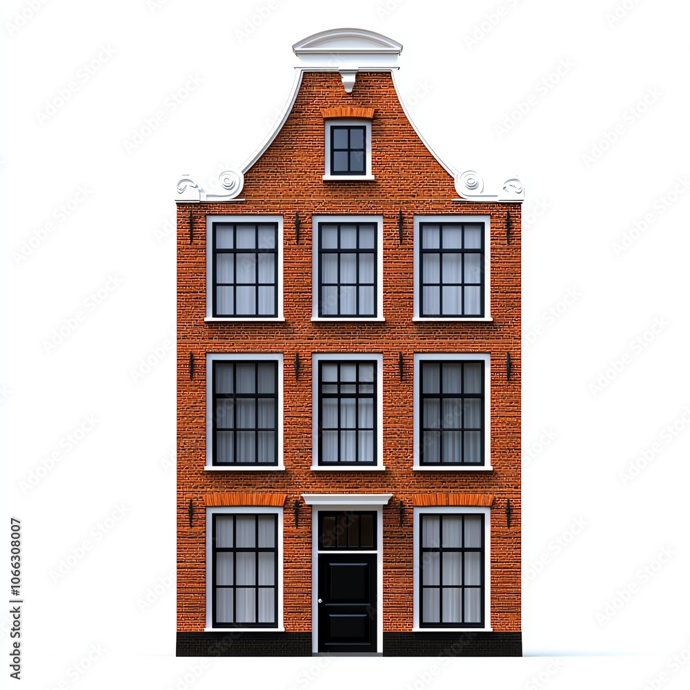 Obraz premium Classic brick building with tall windows and unique gable architecture, white isolated background.