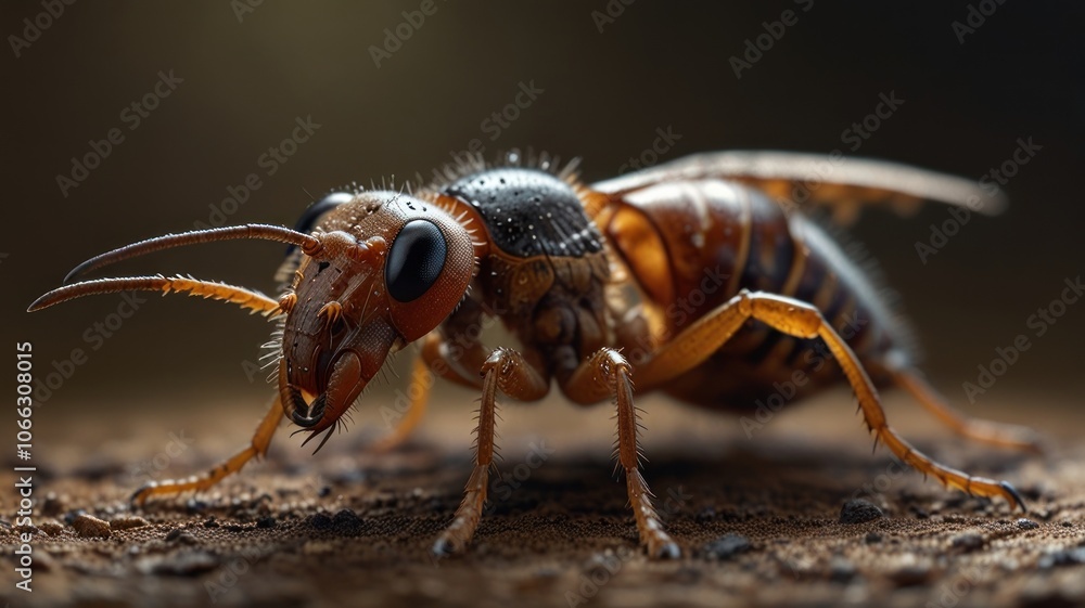 a termite with a segmented body and large, prominent eyes. Its exoskeleton is a striking combination of brown and black, with intricate patterns and textures. a termite with a segmented body and large, prominent eyes. Its exoskeleton is a striking combination of brown and black, with intricate patterns and textures.