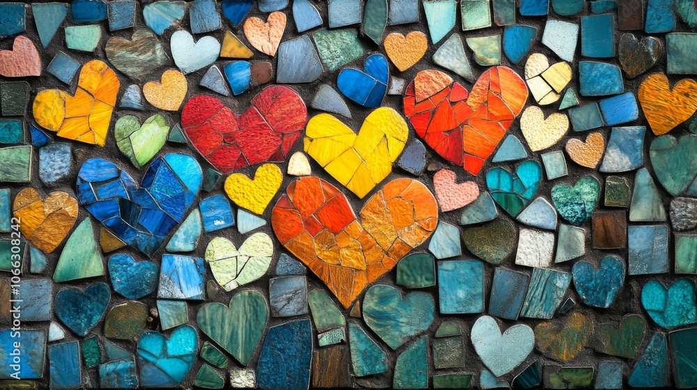 Obraz premium Colorful Mosaic of Hearts Composed of Small Tiles