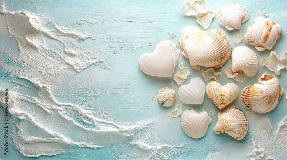 Fototapeta premium White and Brown Seashells Arranged on Blue and White Surface