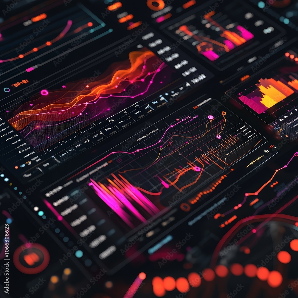 Fototapeta premium inventory management, demand tracking, predictive demand, consumer insights, interactive graphs, futuristic dashboard, vibrant colors