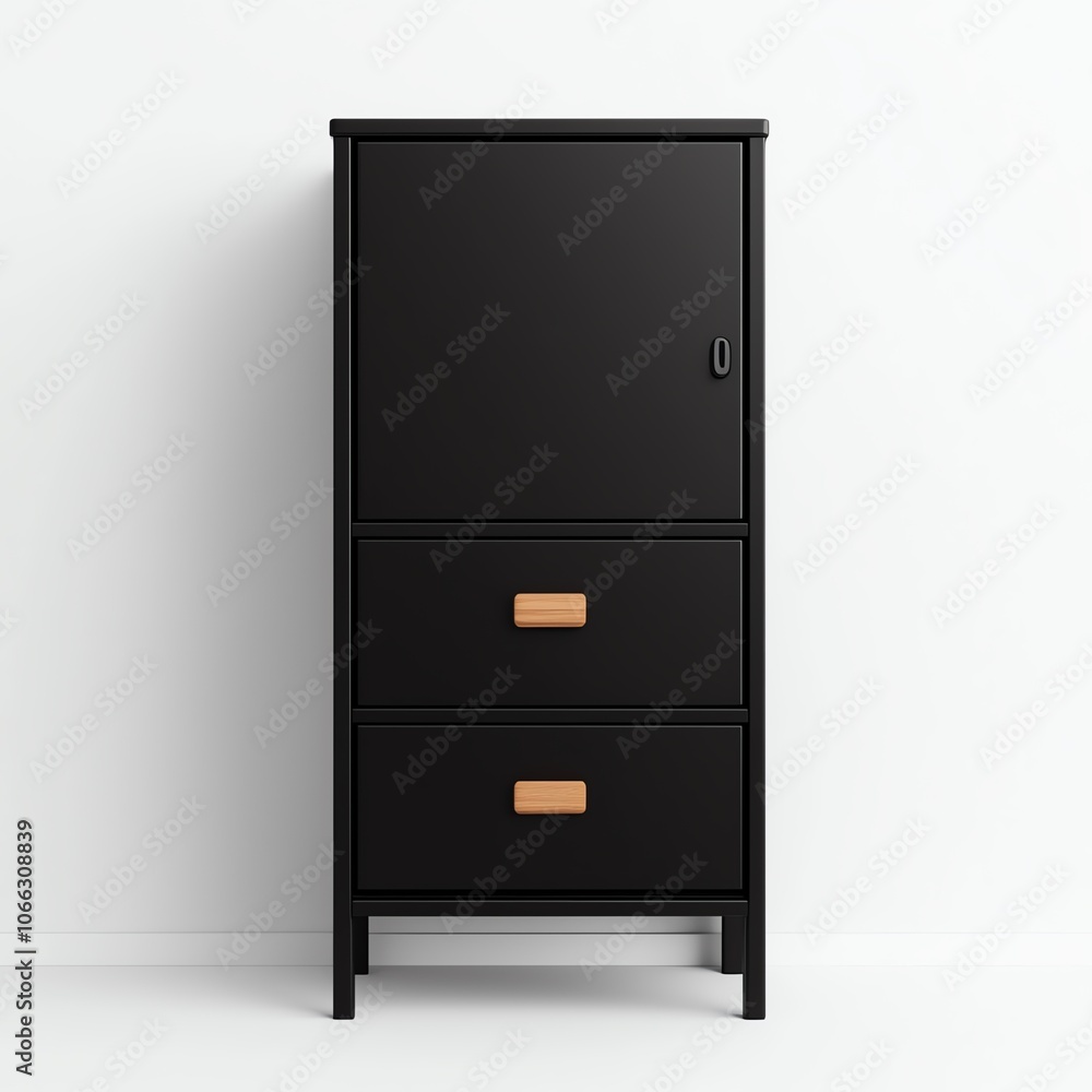 Stylish black cabinet with wooden handles against a white isolated background. Stylish black cabinet with wooden handles against a white isolated background.