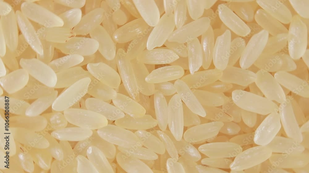 Dry Uncooked Parboiled Rice Background Slowly Rotating Left - Top View, Close-Up. Scattered Raw Long Grain Rice. Asian Cuisine and Culture. Healthy Eating Ingredients. Diet Food Dry Uncooked Parboiled Rice Background Slowly Rotating Left - Top View, Close-Up. Scattered Raw Long Grain Rice. Asian Cuisine and Culture. Healthy Eating Ingredients. Diet Food